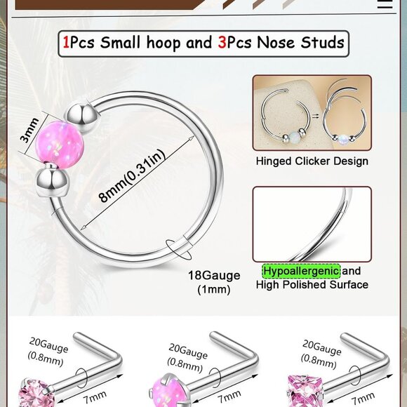 Pink Opal Hoop and Nose Studs Set Hypoallergenic Surgical Steel for Women Men - Picture 2 of 7